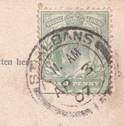 Postmark of St. Albans Double Circle Single Arc 1907